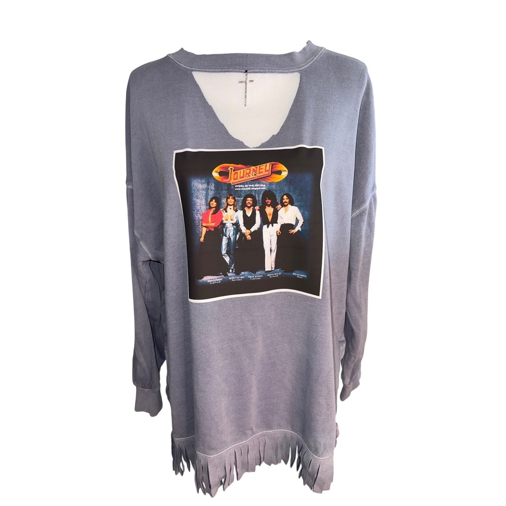 Journey Rock‎ Band Custom Gray Sweatshirt  Fringe V-Neck Cross Ladies Large